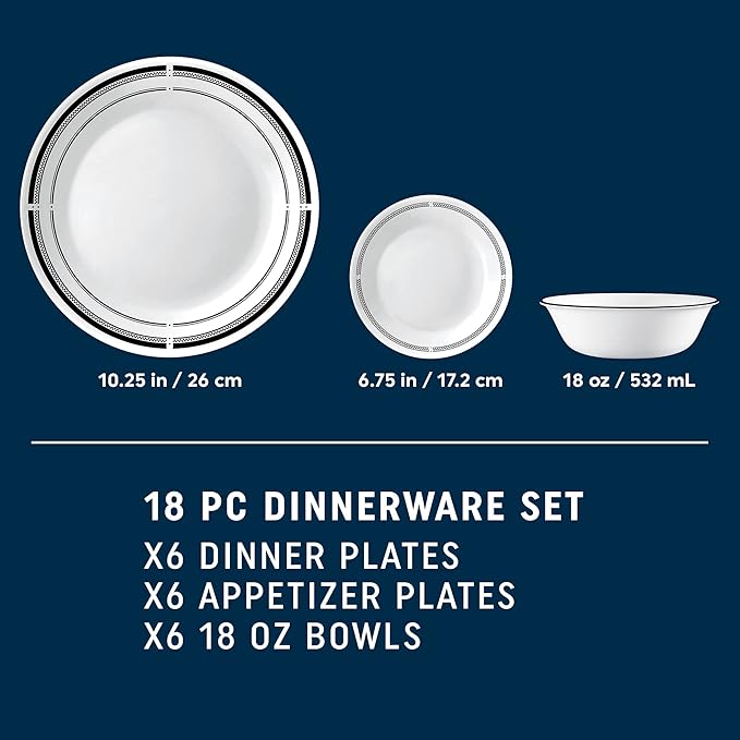 Corelle 18-Piece Round Dinnerware Set Service for 6 Lightweight Round Plates and Bowls Set Vitrelle Triple Layer Glass Chip and Scratch Resistant Microwave and Dishwasher Safe Brasserie