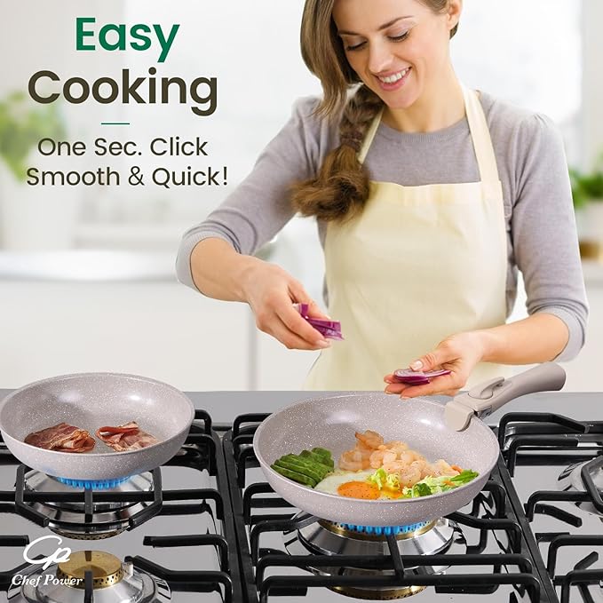 Chef Power Ceramic Nonstick Pots and Pans Set 19 Piece with Detachable Handle Induction Dishwasher Oven Safe Cookware Set RV Kitchen Set Removable Handle Mocca Taupe