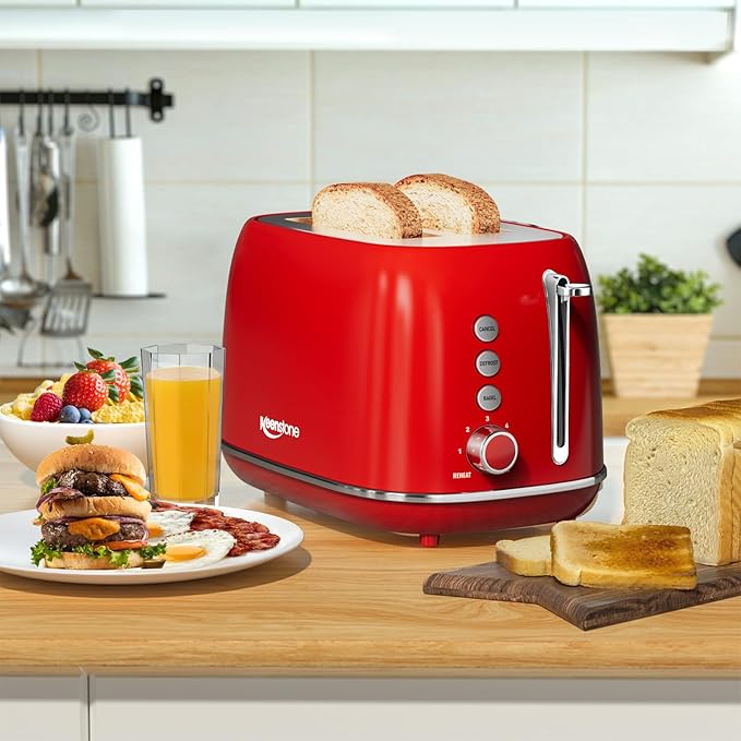 2 Slice Stainless Steel Toaster Retro with 6 Bread Shade Settings Bagel Cancel Defrost Function Extra Wide Slot Removable Crumb Tray Red
