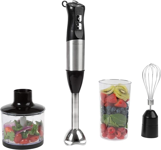 6-Speed Immersion Blender - 4-in-1 Hand Mixer with Whisk Food Processor Cup and 32oz Beaker for Soup Smoothies and More by Classic Cuisine (Black)