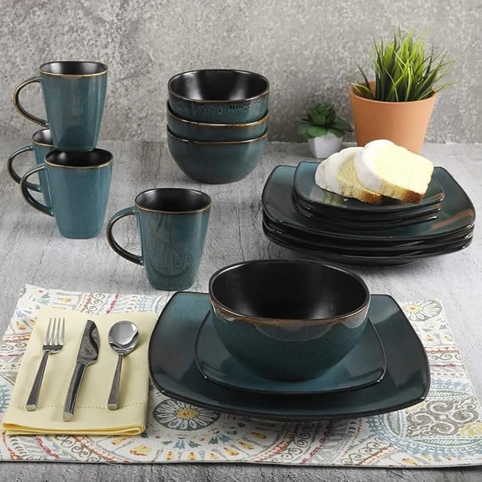 16 Piece Square Two-Tone Stoneware Dinnerware Set For 4 | Reactive Glaze FinishDishwasher &amp Microwave Safe Expertly Crafted | Perfect for Kitchen Dining Durable Teal/Black Shade Modern Appearanc