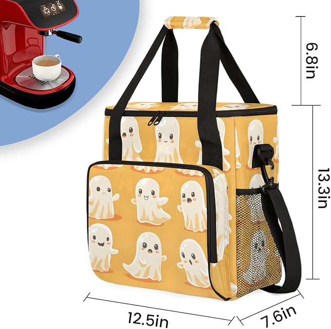 Cute Spooky Ghosts Coffee Maker Carrying Bag Portable Travel Storage Tote Bag Compatible with K-Mini or K-Mini Plus Single Serve Coffee Brewer Carrying Case with Multiple Pockets &amp Shoulder Stra