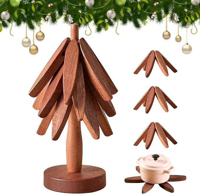 Wooden Trivets for Hot Dishes Tree Shape Trivet Set Foldable Kitchen Wooden Trivets Tree Coaster for Hot Dishes、Pot、Bowl、teapot、hot Pot Holders (3 Piece-Walnut)