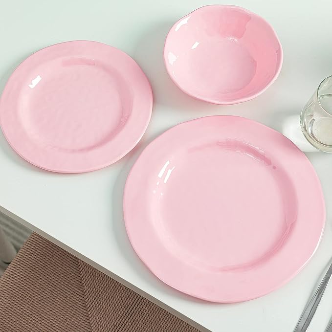 LEHAHA Pink Dishes Melamine Dinnerware Sets 12 Piece Kitchen Plates and Bowls Dinnerware Sets Lightweight BPA free Melamine Dishes for Girls Valentine's Day Mother's Day.