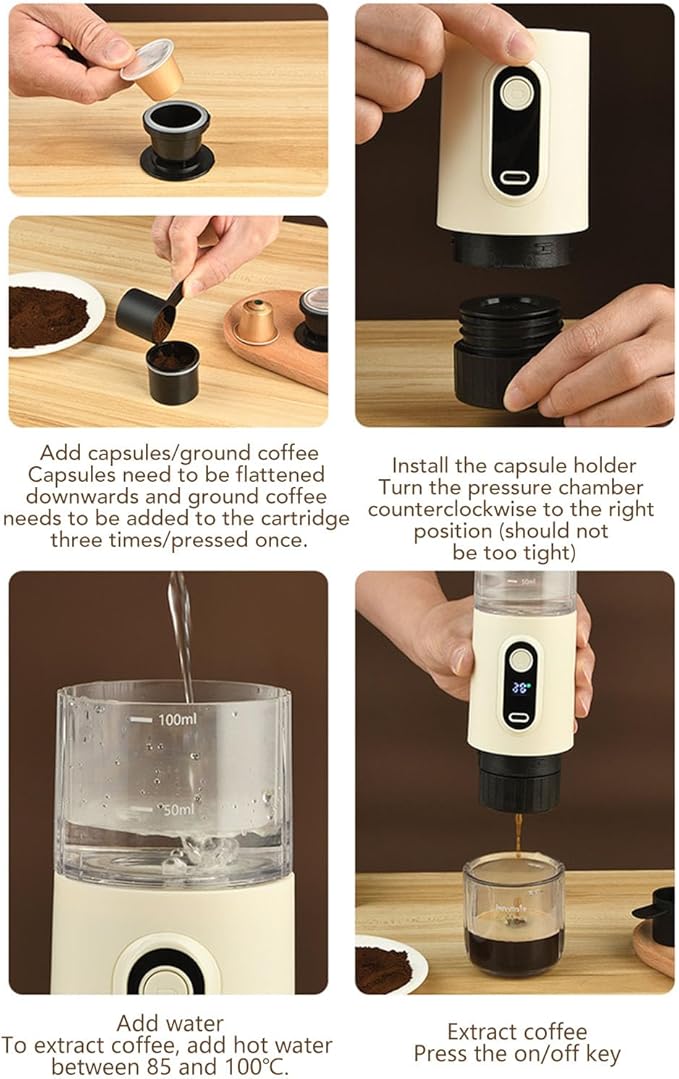 Denash Portable Electric Espresso MachineTravel Coffee Maker for CampingCar Self Heating Coffee Maker with USB C for Hiking Office RV (Beige)