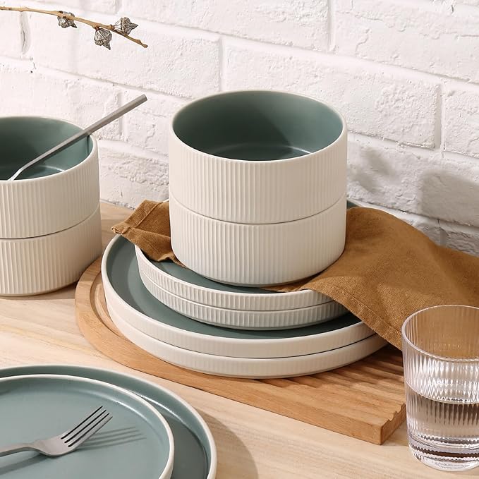 MONITO Ceramic Dinnerware Sets for 4 18PCS Stoneware Plates and Bowls Sets Reactive Glaze Dish Set Chip and Scratch Resistant Double Microwave and Dishwasher Safe White Cyan