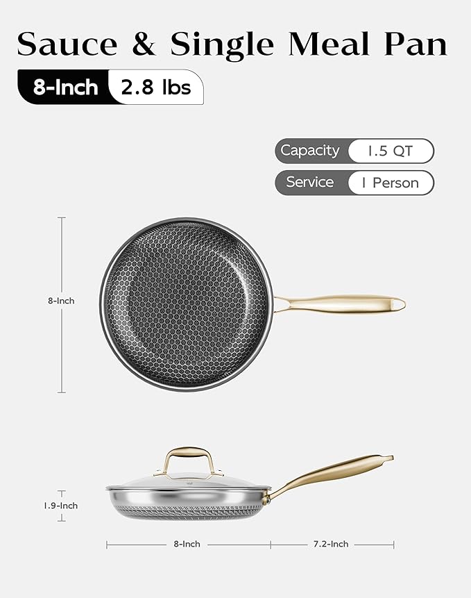 Honeycomb Stainless Steel Nonstick Frying Pan with Lid 8 Inch Induction Cooktop Compatible Skillet PFOA-Free Scratch-Proof Dishwasher &amp Oven Safe Stay-Cool Handle Gold Kitchen Cookware
