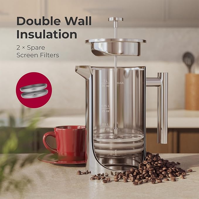MuellerLiving French Press Coffee Maker 34oz Stainless Steel French Press Coffee 4 Filter Heat Resistant Double Insulated Rust-Free Food Grade Dishwasher Safe Coffee Pot