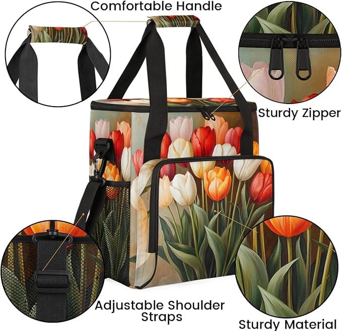 Flower Tulip Bouquet Coffee Maker Travel Bag for Keurig K-Mini/K-Mini Plus Insulated Waterproof Tote with Pockets for K-Cup Portable Single-Serve Brewer Case