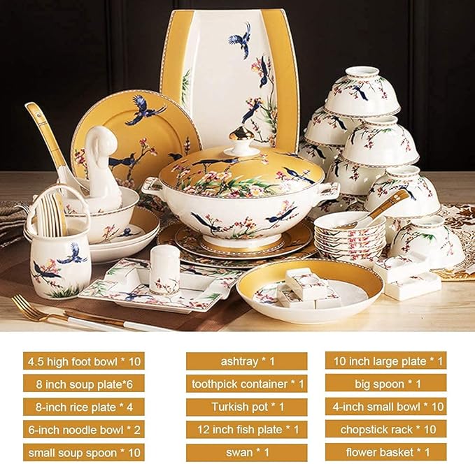 Ceramics Dinnerware Set 60 Pcs Bowl/Dish/Soup Pot/Bone China Dinner Sets Enamel Craft Pattern Porcelain Combination Set