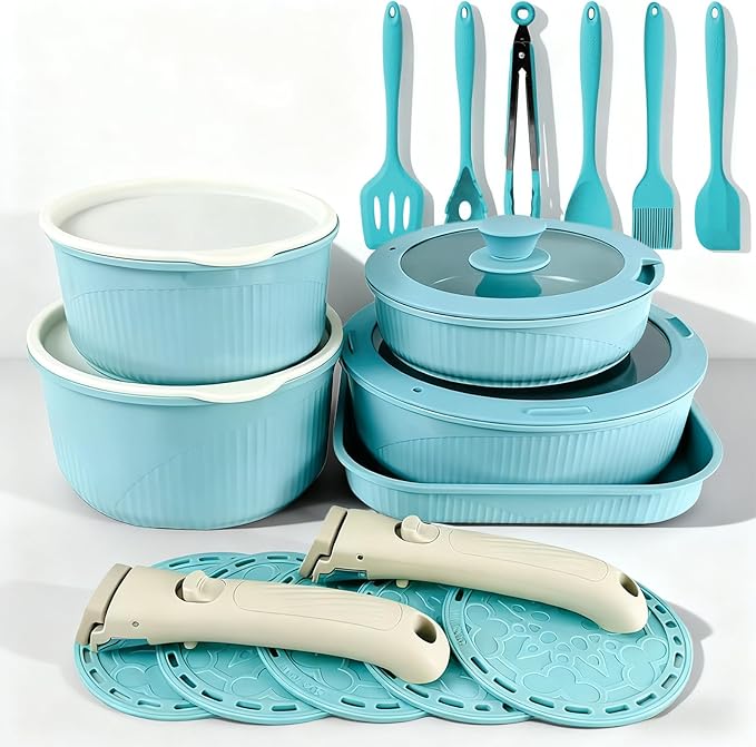 Pots and Pans Set Non Stick24 Pcs pots and pans setOven-safe and dishwasher-safePFAS/PFOA FreeInduction Dishwasher Oven Safe cookware set (Pink)