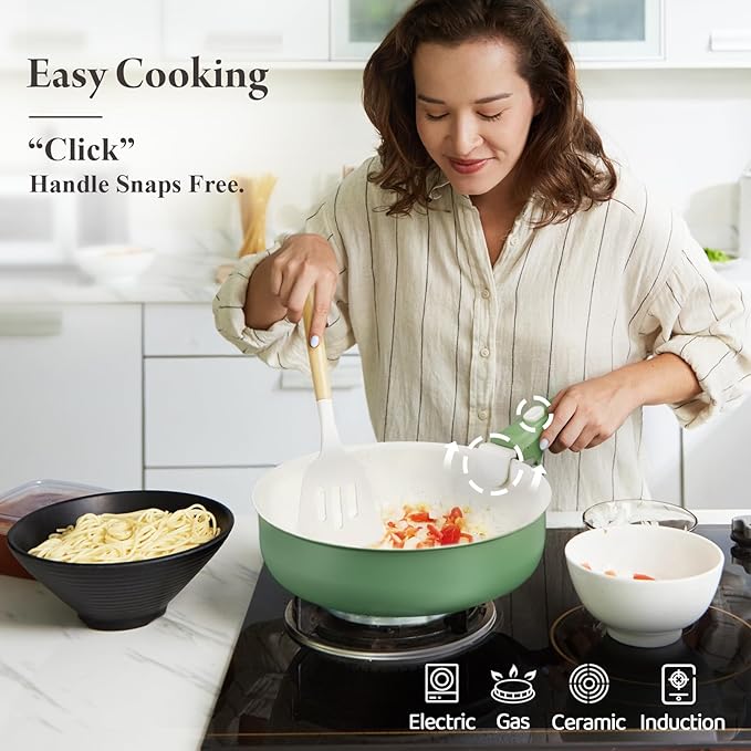 Ceramic Nonstick Cookware Set HealthyNon Toxic17-Pieces Pots and Pans Set Removable HandlesInduction RV Kitchen SetStain &amp Scratch-resistantDishwasher/Oven SafePFAS/PFOA FreeGreen
