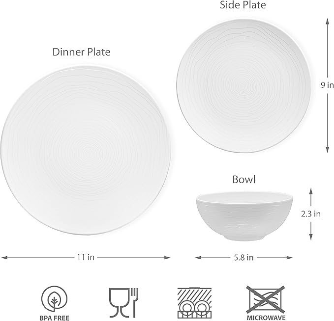 bzyoo 12 Piece White Melamine Dinnerware Set +12 Piece Ceramic Dinnerware Set Serive for 4 Porcelain Plates and Bowls for Dining Pearl White Dishes Set