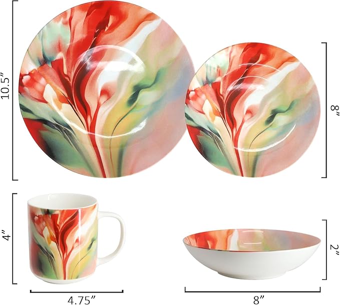 16‑Piece Porcelain Dinnerware Set with Floral Design – Round Plates Bowls and Mugs Microwave &amp Dishwasher Safe Tableware for 4 (Assorted)