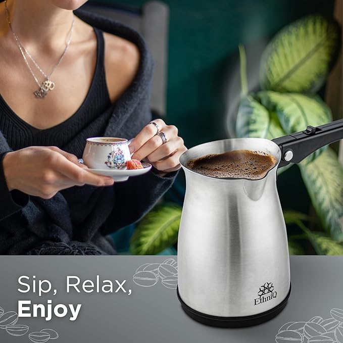 ETHNIQ Turkish Coffee Pot - Stainless Steel 120V 1 to 4 Cup Capacity Coffee Maker with Foldable Handle for Home &amp Travel &amp on-off Button (Slow Brew)
