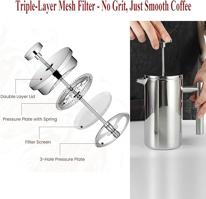 Stainless Steel French Press Coffee Maker - Portable Cafetiere 3 Cup Espresso Coffee Press - Double Wall Insulated Triple Mesh Filter - Perfect for Home Office Camping &amp Travel (20 Oz)