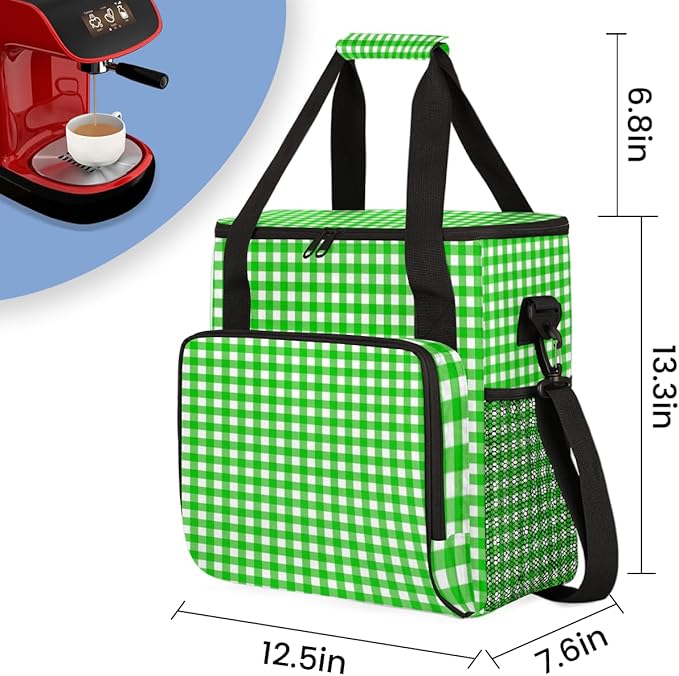 Green Plaid Coffee Maker Carrying Bag Portable Travel Storage Tote Bag Compatible with K-Mini or K-Mini Plus Single Serve Coffee Brewer Carrying Case with Multiple Pockets &amp Shoulder Strap