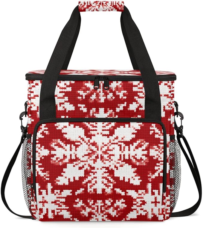 Red Ethnic Pattern Coffee Maker Carrying Bag Snowflake Travel Storage Bag Compatible with K-Mini or K-Mini Plus Single Serve Coffee Brewer Carrying Case with Multiple Pockets &amp Shoulder Strap
