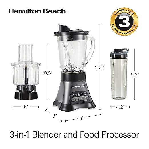 Hamilton Beach Blender and Food Processor Combo for Shakes &amp Smoothies With 3 Cup Electric Food Chopper Attachment 40 oz Glass Jar Blender Travel Cup 700 Watts Peak Power Gray &amp Black (58