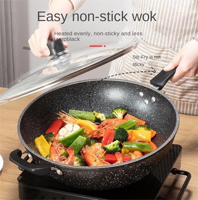 Kitchen Cooking Sets 3Pcs Cookware Set Wok Soup Pot with Glass Lid Frying Pan Wrought Iron Medical Stone Non-Stick Cooking Pot Set Kitchen Cookware Sets