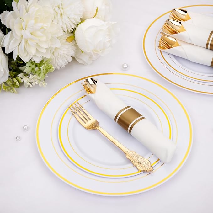 Nervure 400PCS Pre Rolled Gold Plastic Silverware Sets - Heavy Duty Fancy Gold Cutlery - Include 100 Pack Wrapped Disposable Utensils with Napkins for Parties Dinners &amp Weddings