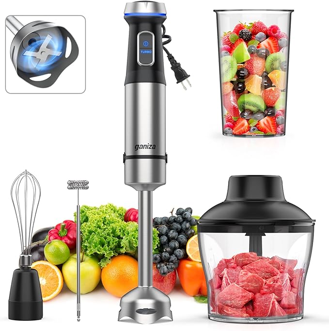 Ganiza Immersion Blender 5 in 1 Hand Blender Max 1000W Heavy Duty Motor 16 Speed Mode Handheld Blender Stainless Steel Blade With 800ml Mixing Beaker 600ml Chopper Whisk and Milk Frother