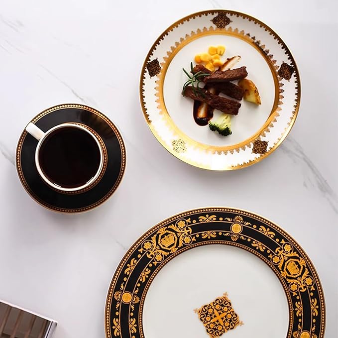 16-piece bone china dinnerware set for 4 gold plated pattern round dinner plates fine dish set for 6 with coffee cup for dinning dishwasher safe