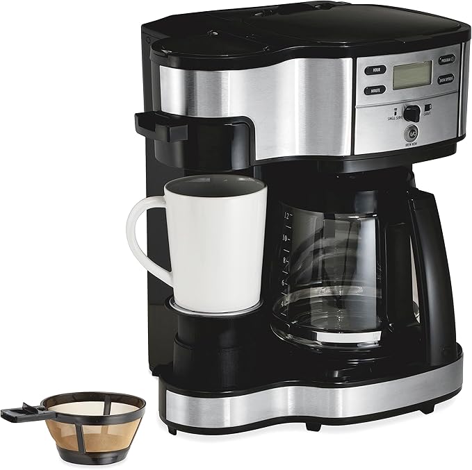 Hamilton Beach 2-Way 12 Cup Programmable Drip Coffee Maker &amp Single Serve Machine Glass Carafe &amp Portable Blender for Shakes and Smoothies with 14 Oz BPA Free Travel Cup and Lid