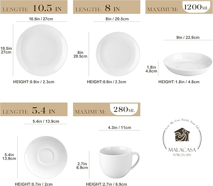 MALACASA 30-Piece Gourmet Porcelain Dinnerware Sets Modern White Round Dish Set for 6 - Premium Serving Plates and Bowls Sets for Dessert Salad Soup Pasta - Series AMELIA