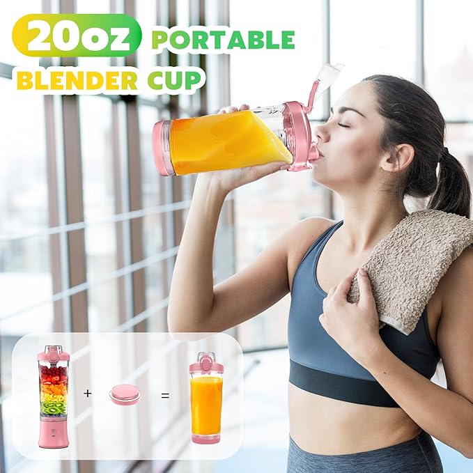 Portable Blender Personal Juicer for Shakes and Smoothies - 20 OZ Electric Protein Shaker Bottle with Insulated Sleeve Travel Lid USB-C Rechargeable - Mini Small Blender Cup for Kitchen Office Gym