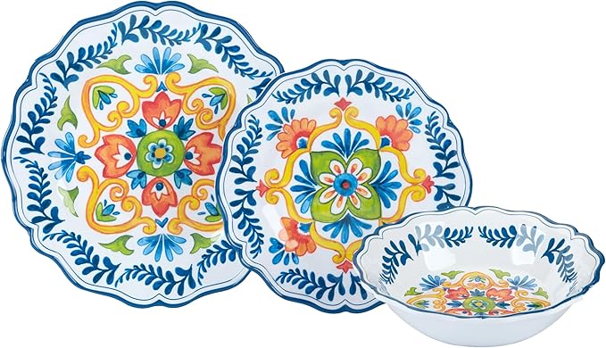 Flores Melamine 12 Pc Dinnerware Set Service for 4 – Unbreakable Outdoor Plates and Bowls Vibrant Floral Design Great for Entertaining Patio Dining Gifting and Everyday Use