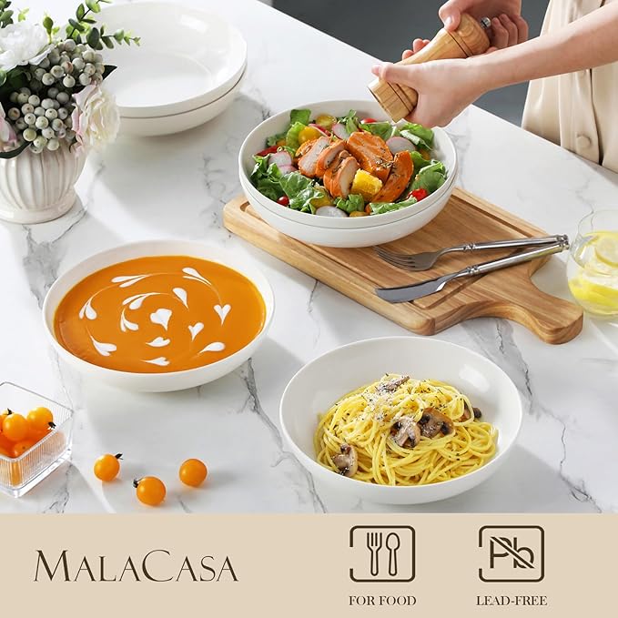 MALACASA 18 Pieces Porcelain Dinnerware Set Bundles 8.85 Large Pasta Bowls Set of 4