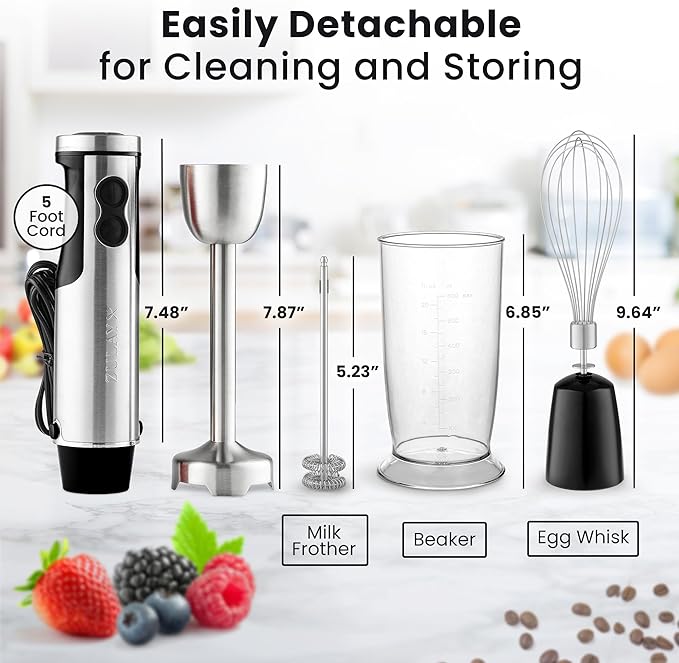 Zulay 4-in-1 Immersion Stick Mixer Hand Blender - 800 Watts 12 Speeds 5-ft Power Electric Cord Handheld Portable Stainless Steel Blades - With Whisk Frother &amp Stick Blender Attachments - Blac