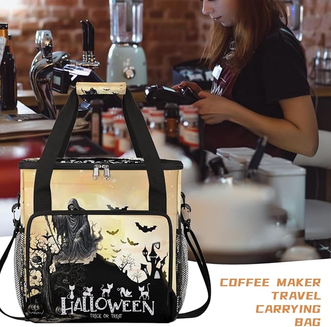 Halloween Skull Scythe Bat Coffee Maker Carring Bag Travel Carrying Storage Tote Bag Compatible with Keurig K-Mini or K-Mini Plus Portable Single Serve Coffee Brewer Case with Pockets for K-cup Pods