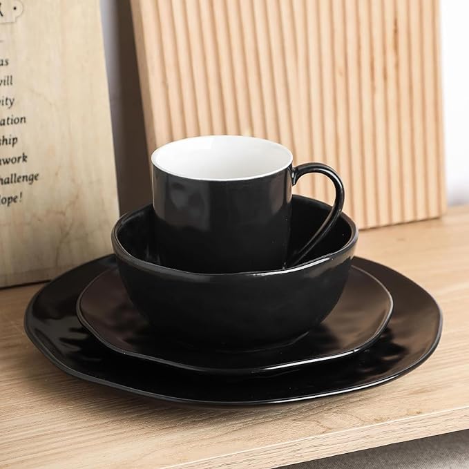 Stone Lain Ivy Stoneware 24 Piece Dinnerware Set Home Kitchen Dish Set with Dinner Plates Salad Plates Bowls &amp Mugs - Service for 6 Black