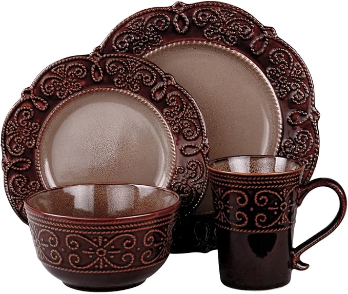 16-Piece Stoneware Dinnerware Set – Textured Plates Bowls &amp Mugs with Elegant High-Gloss Finish