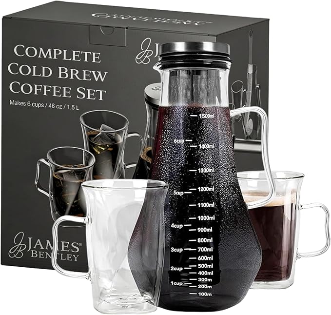 James Bentley Complete Cold Brew Coffee Set – Cold Brew Coffee Maker Glass for Hot and Cool Drinks Fridge Friendly — Glass Carafe Stainless Steel Infuser Double Wall Cups x2 &amp Cleaning Brush