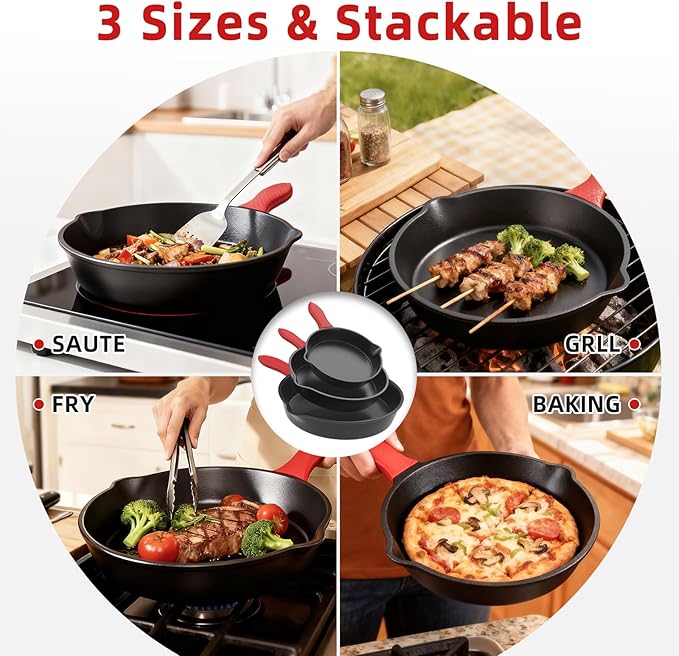 3 piece set cookware set 6 8 10 Inches for frying saute &ampmore easy use in the oven stove grill or campfire black with silicone heat-resistant cover