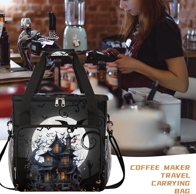 Halloween Bat Moon Castle Coffee Maker Carring Bag Travel Carrying Storage Tote Bag Compatible with Keurig K-Mini or K-Mini Plus Portable Single Serve Coffee Brewer Case with Pockets for K-cup Pods