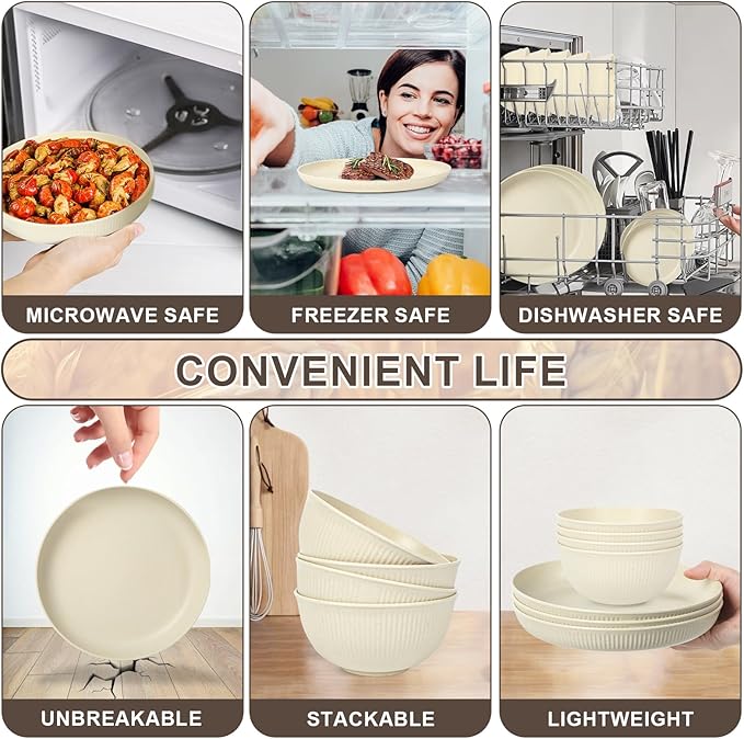 36PCS Wheat Straw Dinnerware Set for 4 Lightweight Reusable Unbreakable Dinner Set for Home Camping and Trave