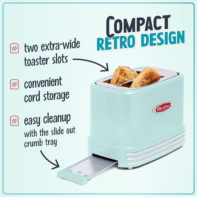 Nostalgia New and Improved Wide 2-Slice Toaster Perfect For Bread English Muffins Bagels 5 Browning Levels With Crumb Tray &amp Cord Storage Aqua