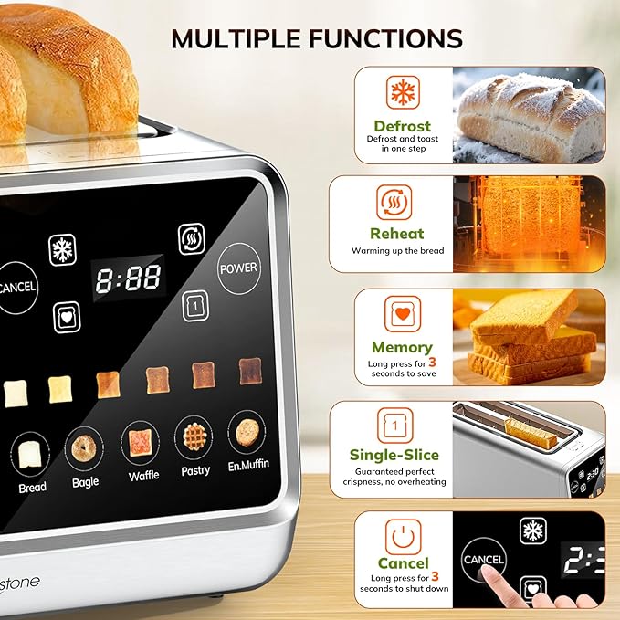 Keenstone Toaster 4 Slice Digital Smart Toaster with TouchScreen Memory Function Single Slot Toasting Timer Reheat &amp Defrost for Bagels Bread Waffles Muffin Stainless Steel Kitchen Essent