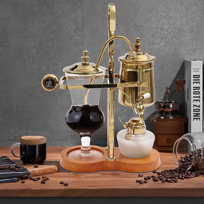 Belgium Balance Syphon Coffee Maker Vintage Belgian Siphon Brewer with Glass Cup&ampCoffee Spoon Disassemble Luxury Coffee Pot Set for Home Kitchen Office-Gold