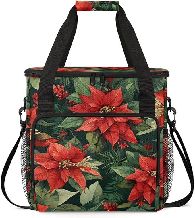 Holly Berry Flowers Coffee Maker Carrying Bag Christmas Flowers Travel Storage Bag Compatible with K-Mini or K-Mini Plus Single Serve Coffee Brewer Carrying Case with Pockets &amp Shoulder Strap
