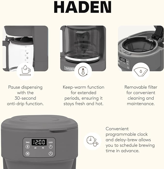 Haden Chelsea 10 Cup Digital Drip Coffee Maker with Glass Carafe Grey &amp Chrome