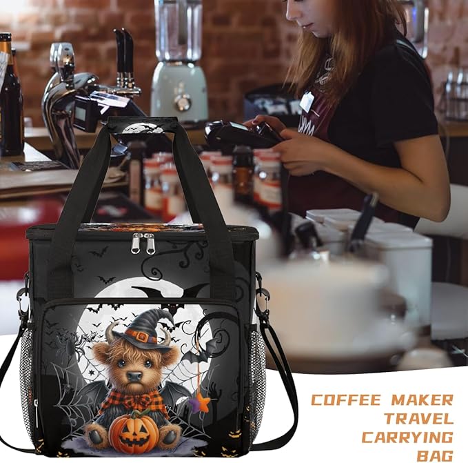 Halloween Alpine Cow Bat Pumpkin Coffee Maker Carring Bag Travel Carrying Storage Tote Bag Compatible with Keurig K-Mini or K-Mini Plus Portable Single Serve Coffee Brewer Case with Pockets