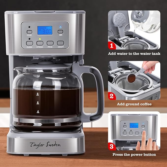 Taylor Swoden 12-Cup Programmable Coffee Maker Regular &amp Strong Brew Drip Coffee Machine for Home and Office Glass Carafe Pause &amp Serve Auto Shut Off Gray &amp Stainless Steel