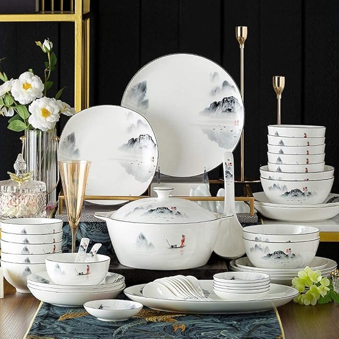 Dinnerware Sets Plates and Bowl Sets Dinnerware Set Porcelain Tableware Bone China Porcelain - White Series Ink Painting Landscape Series-Lake 56 Pieces For10