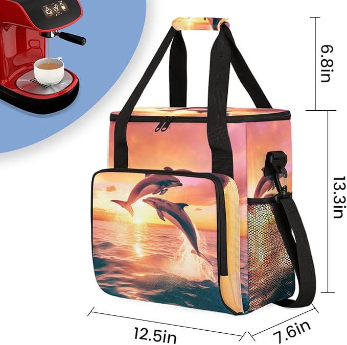Sunset Dolphin Coffee Maker Carrying Bag Portable Travel Storage Tote Bag Compatible with K-Mini or K-Mini Plus Single Serve Coffee Brewer Carrying Case with Multiple Pockets &amp Shoulder Strap