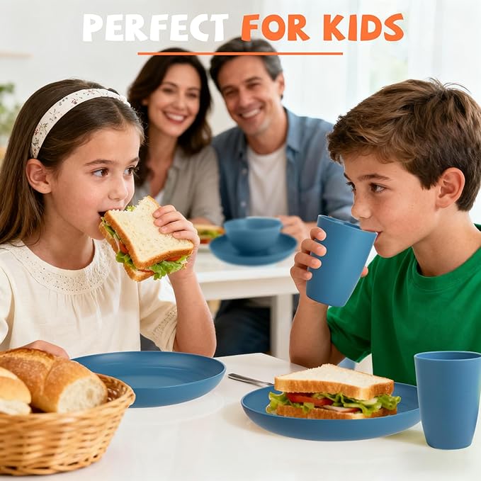 Wheat Straw Dinnerware Sets for 4 Reusable Plastic Dinner Plates Unbreakable Kids Plates and Bowls Sets 20 PCS Dishwasher &amp Microwave Safe Kitchen Camping Dorm Dish Sets- Blue
